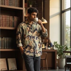 Vintage Pure 100% Silk Abstract Pottery Print Long Sleeve Button Up Shirt Small